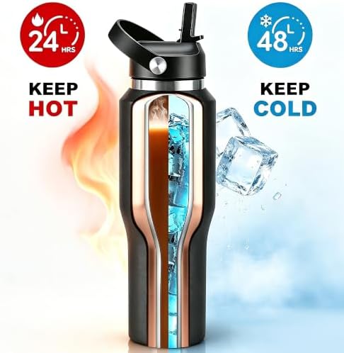 32 oz Insulated Water Bottle Stainless Steel Triple-Wall with Straw