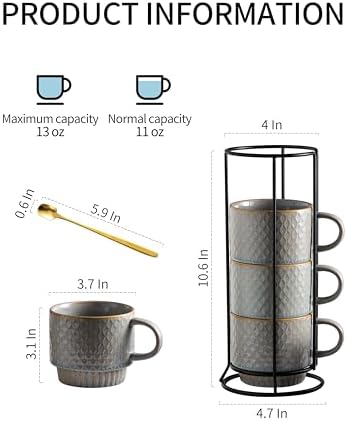Gomakren Stackable Coffee Mugs Set of 4 Coffee Cups with Stand, Light