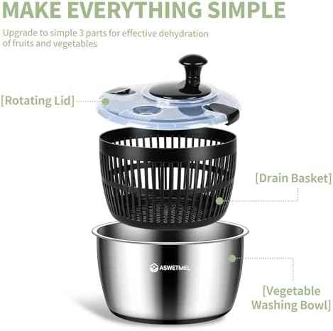 5.3QT Large Stainless Steel Salad Spinner, ASWETMEL Metal Salad