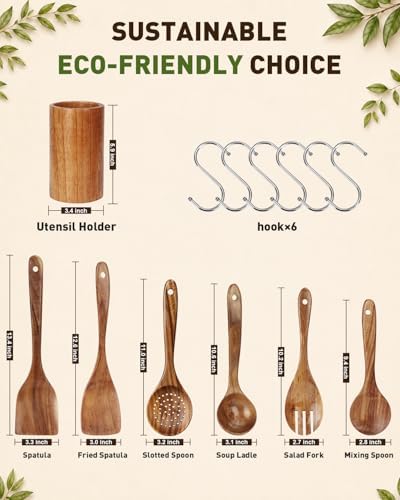 7-Piece Solid Teak Wooden Utensil Set with Holder