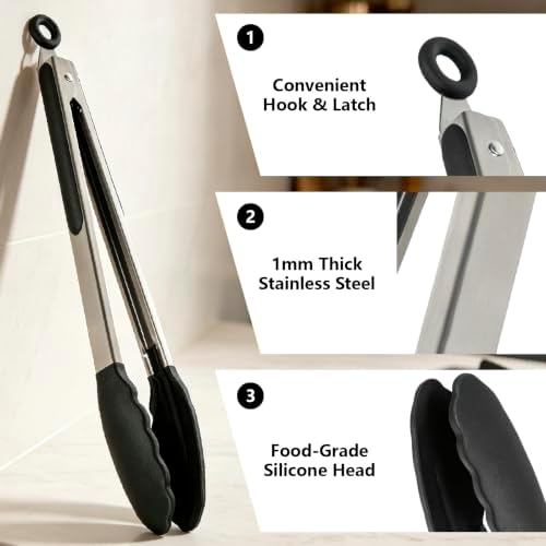 Set of 2 Tipped Stainless Steel Tongs, 12 and 9 Inch, Black