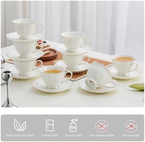 6oz White Ceramic Tea Cup and Saucer Set, Set of 8 with gold rim