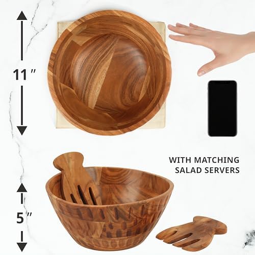 Wooden Salad Bowl - 11" Large Serveware Set w/Serving Utensils & Table
