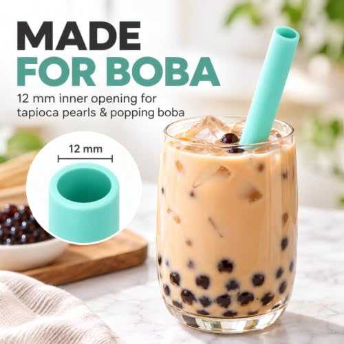 ALINK Extra Wide Silicone Boba Straws, 10 Inch, 4 Pack with Brush &