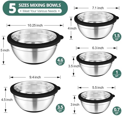TeamFar Mixing Bowls, Salad Bowls with Transparent Airtight Lids, Black