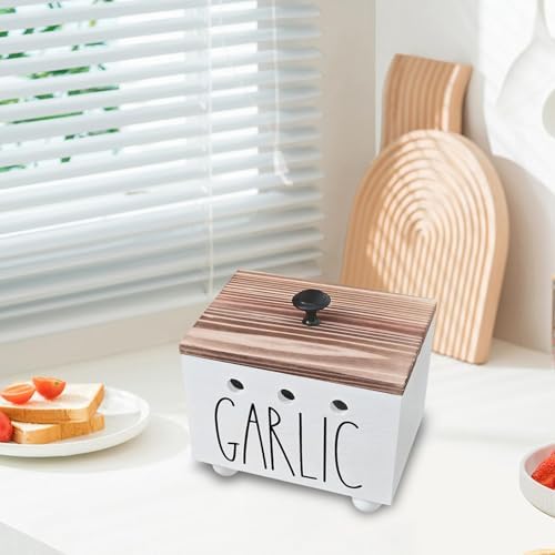 Wood Garlic Keeper Storage Box with Ventilation Holes 6.3x4.5x5.5 inch