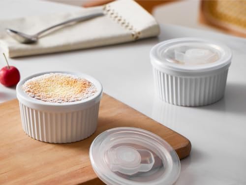 ONEMORE 8 oz Ramekins with Lids, Set of 6 Stackable Ceramic Creme