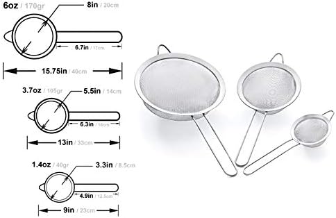Strainer Set Fine Mesh – Premium 304 Stainless Steel (18/8) – 8′′