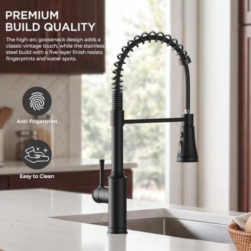 FORIOUS Vintage Kitchen Faucet with Pull-Down Sprayer, Matte Black