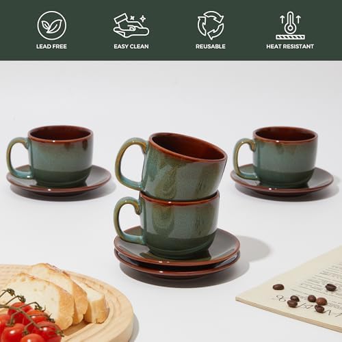 Pokini Stoneware Coffee Cups with Saucers, Cappuccino Cups, Mugs Set