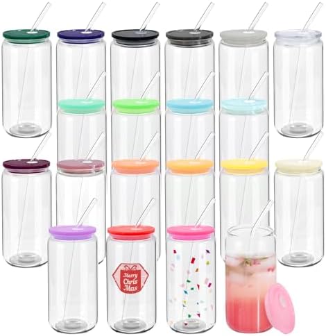 WHEATHUSK 20 Pack Glass Cups with Acrylic Lids and Glass Straws 16oz