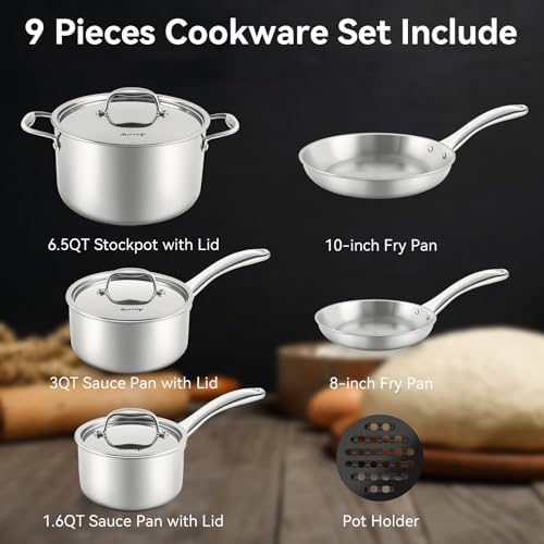 Duxtop Tri-Ply Stainless Steel Induction Cookware, 9PC Pots and Pans Set