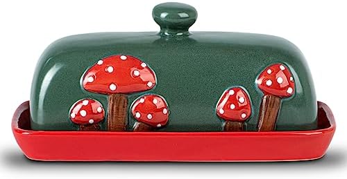 Mushroom Ceramic Covered Butter Dish Red Base Green Lid Plate with