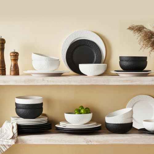 Black & white Dinnerware Sets for 4, 12-Piece plates and bowls sets