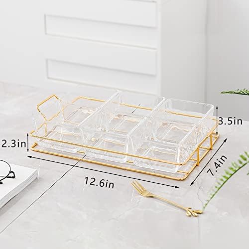 6 Clear Glass Serving Bowls Set with Gold Metal Rack Tray, Removable