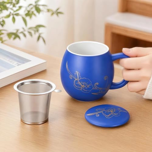 Yundu 12 OZ Ceramic Mug with Lid & Tea Strainer - Matte Blue Tea Cup