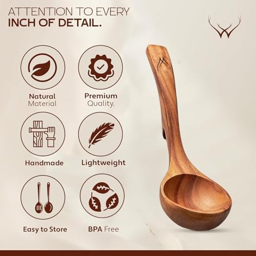Prime Teak Wooden Ladle Set with Spoon Rest, Large Deep Bowl Soup