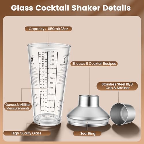 3 Pack Glass Cocktail Shaker Set, 23oz Bartender Kit with Built-in