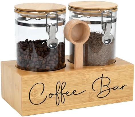 Glass Coffee Canister Set with Bamboo Shelf & Spoon - 2 Airtight