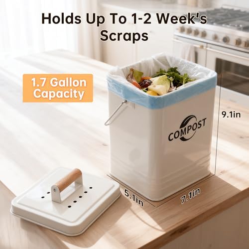 1.7-Gallon Kitchen Compost Bin with Lid, White
