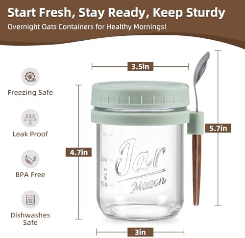 6 Pack Overnight Oats Containers with Lids and Spoons, 16 oz Glass