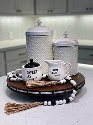 Set Sugar Bowl and Cream Server Holder Ceramic Black & White Farmhouse