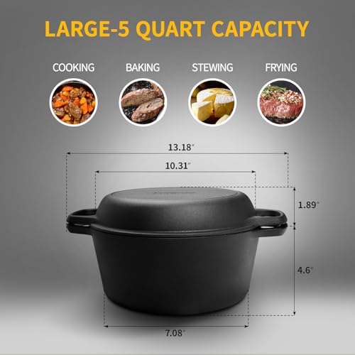 EDGING CASTING 2-in-1 Pre-Seasoned Cast Iron Dutch Oven Pot with