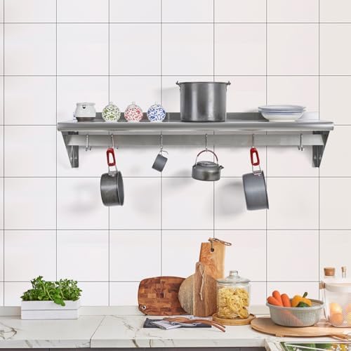 Hally Stainless Steel Shelf with 6 Hooks 14"x36" Wall Mounted Pot Rack NSF