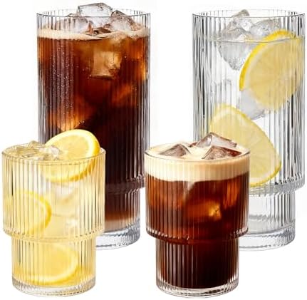 Ribbed Drinking Glasses Set of 4, Stackable Glass Cups with 2 Tall