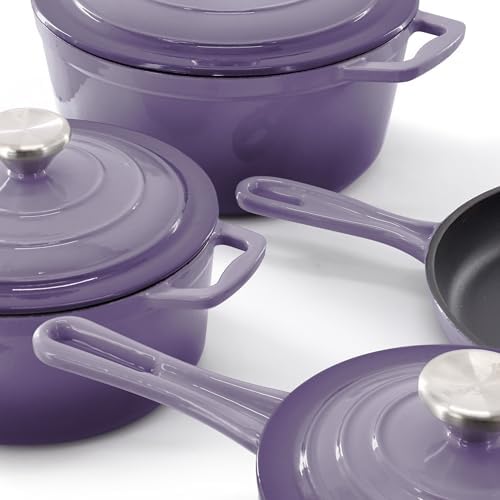 MegaChef 7 Piece Enameled Cast Iron Cookware Set in Purple