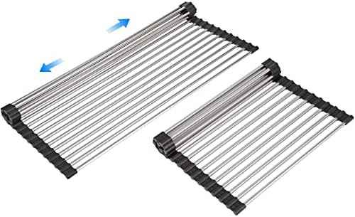Large Telescopic Drain Rack Roll Up Rack Heat-Resistant Dish Drainer Kitchen Sink Rack Over the Sink Dish Drying Rack Stainless Steel Dish Rack (18 Tube 21.25''x12.79'')
