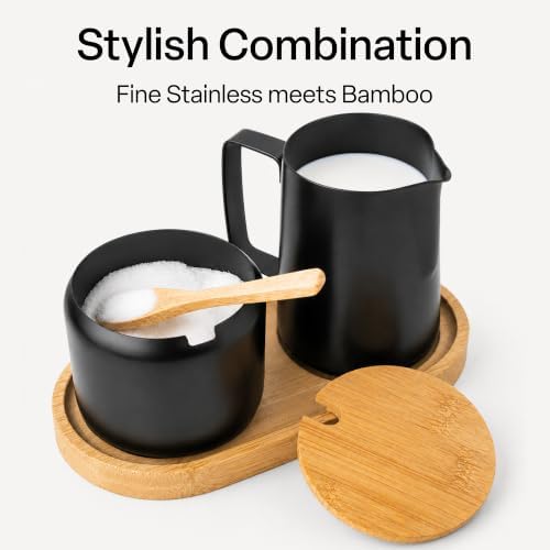 MIAMIO - Cream & Sugar Jar Set Stainless Steel with Bamboo Tray