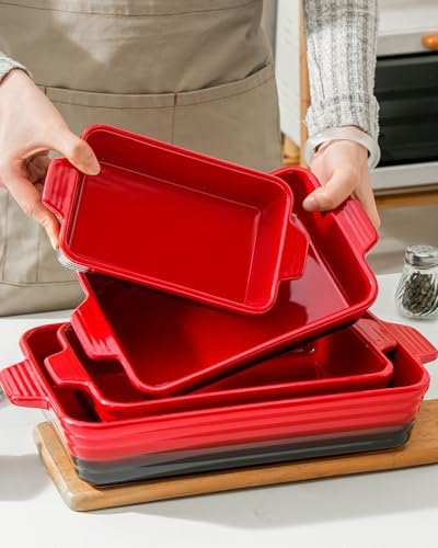 Ceramic Casserole Dish Set with Handles, Set of 4, Red