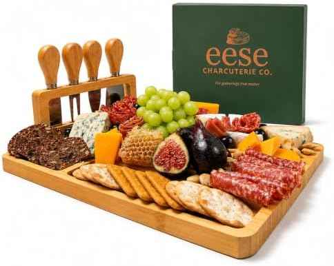 Eese Charcuterie Board Set, 14 x 11 Inch Bamboo Cheese Board with Cheese Knife Set, Deep Groove Serving Tray, Screw-Mount Utensil Holder, Gift for Housewarming & Entertaining