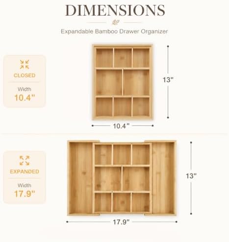 Bamboo Drawer Organizer Expandable Desk Storage Set, 10 Adjustable Compartment Junk Drawer Divider and Trays Containers for Kitchen Utensil, Office Supplies, Makeup, Jewelry & Cosmetics Organization