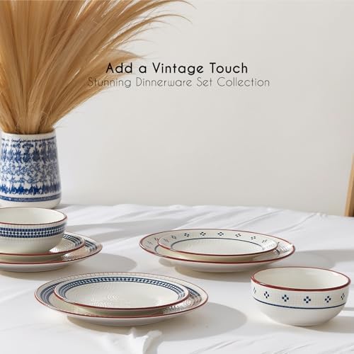 Dinnerware Sets for 8, 24-Piece Stoneware Plates and Bowls Sets for 8 Everyday Dishware Sets for 8, Microwave Safe, Scratch-resistant, Vintage Geometric Design, Service for 8
