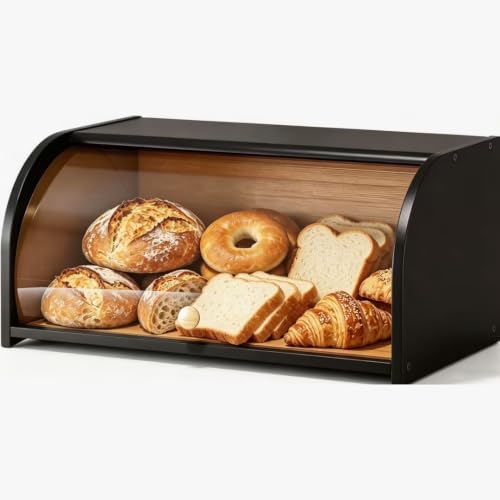 Roll Top Bread Box for Kitchen Countertop with Clear Lid