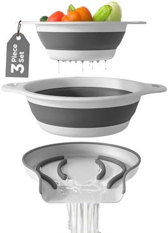 Collapsible Colanders (2 Pack Set) Food Strainers with Over-Sink Water