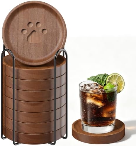 Wood Coasters Set of 8, Cute Drink Coasters with Holder for Desk
