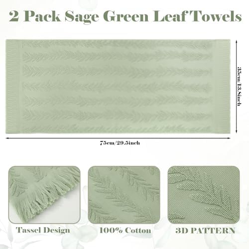 JarThenaAMCS 2Pcs Sage Green Leaves Hand Towels with Tassel Eucalyptus