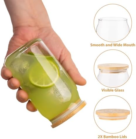 Glass Cups with Lids and Straws, 16 Oz - Set of 2 Reusable Iced Cold