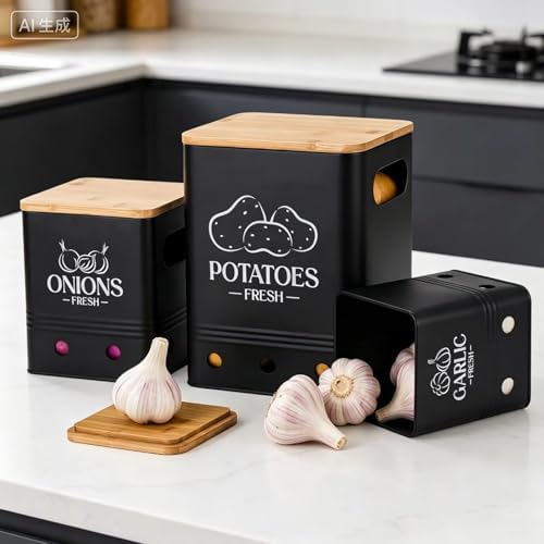 Potato Garlic Onion Storage Set, Set of 3 pieces Metal Kitchen Storage