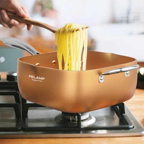 FELAMP 11-Inch Ceramic Nonstick Deep Square Frying Pan Set with Glass