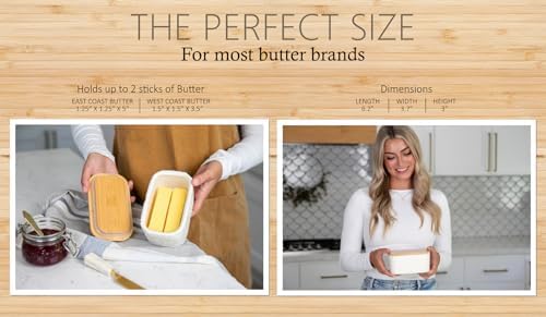 Ceramic Butter Dish with Airtight Bamboo Lid, Large 2-Stick Butter