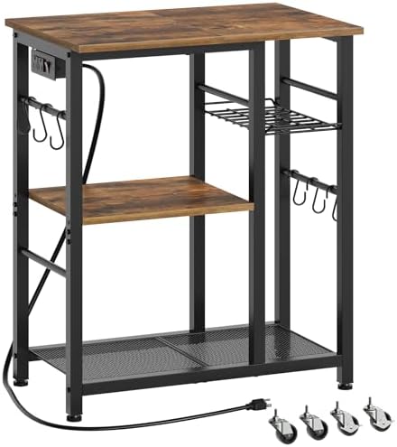 YATINEY Movable Bakers Rack with Charging Station, Rustic Brown