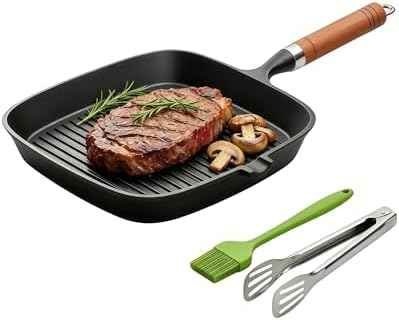 Cast Iron Grill Pan, 9 inch Griddle Pan Skillet with Wooden Handle, Kitchen Tong & Oil Brush included