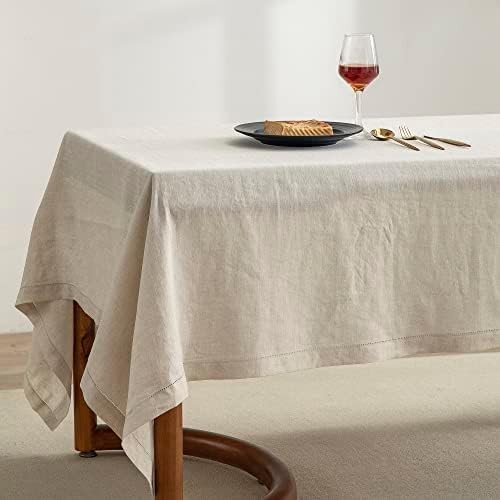 EVERLY Pure Linen Hemstitch Tablecloth,100% Stonewashed French Linen