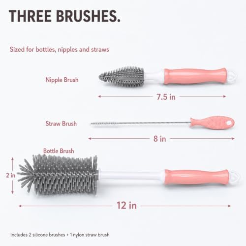 Silicone Bottle Brush Set, 12" Long Handle, Nipple and Straw Brushes