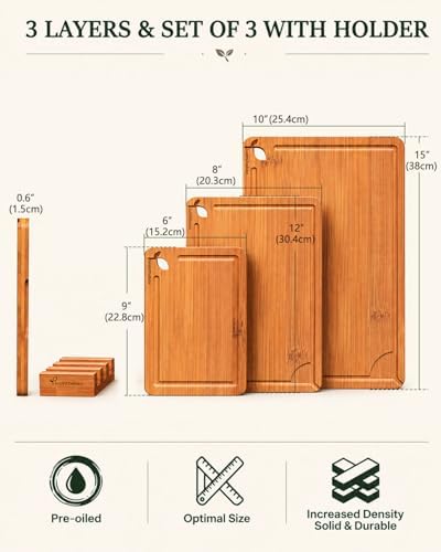 Cutting Boards for Kitchen,Set of 3 Deep Carbonized Bamboo Cutting Board Set with Holder,Butcher Block Style Chopping Boards for Serving, Charcuterie, Meat, Fruit and Meal Prep