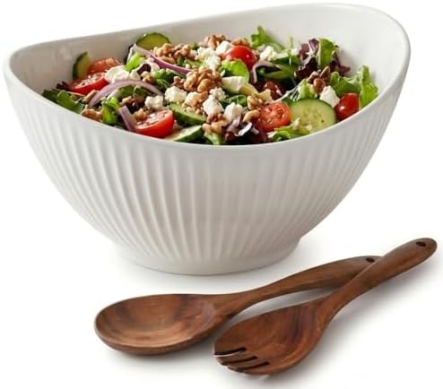 60oz Large Ceramic Salad Bowl with Acacia Wood Utensils, 10" Oval White Serving Bowl for Soup, Pasta, Fruit, Snacks – Mixing Bowls for Entertaining, Party, Kitchen, Dinner – Housewarming Gift